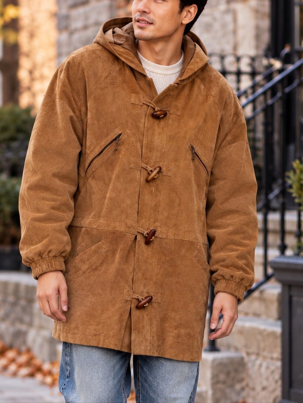 G-III Vintage Tan Suede Leather Hooded Duffle Coat Toggle Jacket Men's L